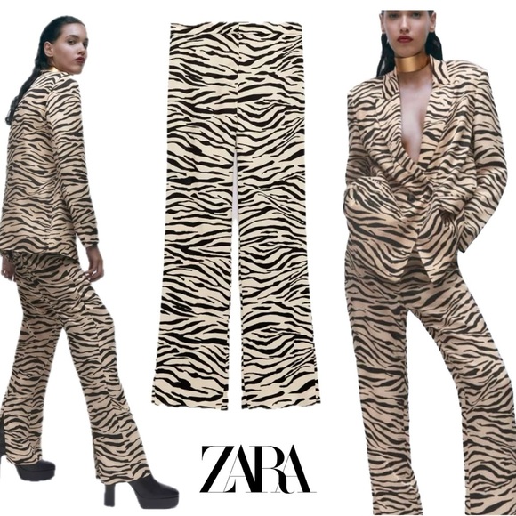 Zara cream black tiger animal print satin effect pyjama pants back slit NWT